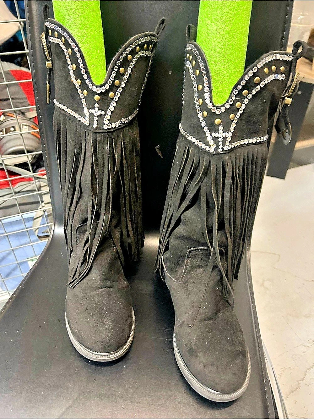 Custom LUX BLK Rhinestone cross Black Fringe Embellished Western Boots sz 8